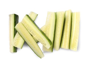 Photo of Pieces of fresh cucumber isolated on white, top view