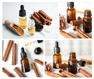 Collage of different photos with essential oils and cinnamon sticks