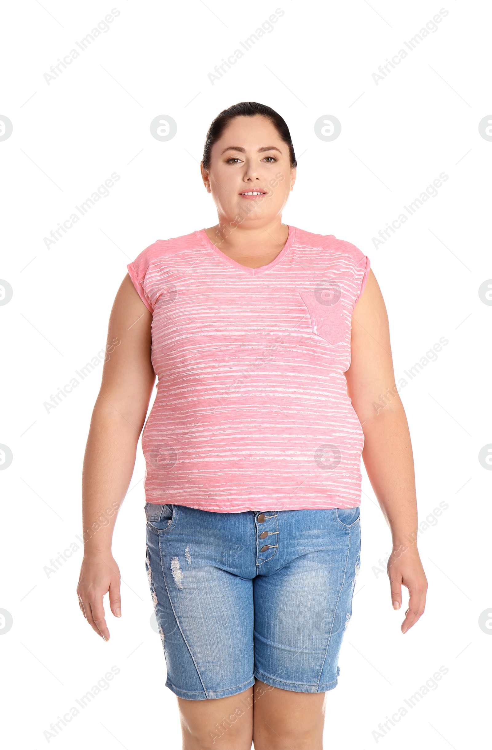 Photo of Fat woman on white background. Weight loss