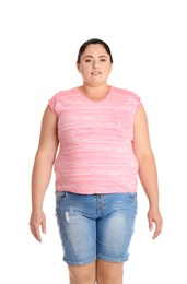 Fat woman on white background. Weight loss