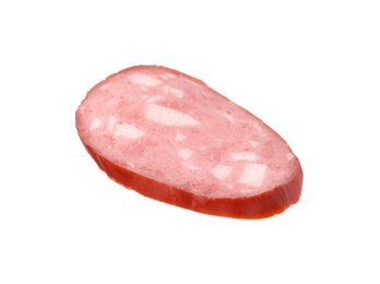 Photo of Slice of delicious smoked sausage isolated on white