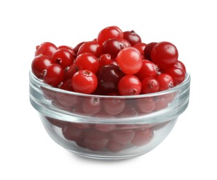 Photo of Glass bowl of fresh ripe cranberries isolated on white