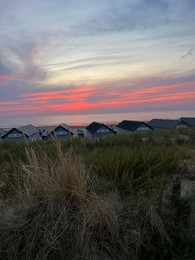 Photo of Many wooden houses on seacoast at sunset