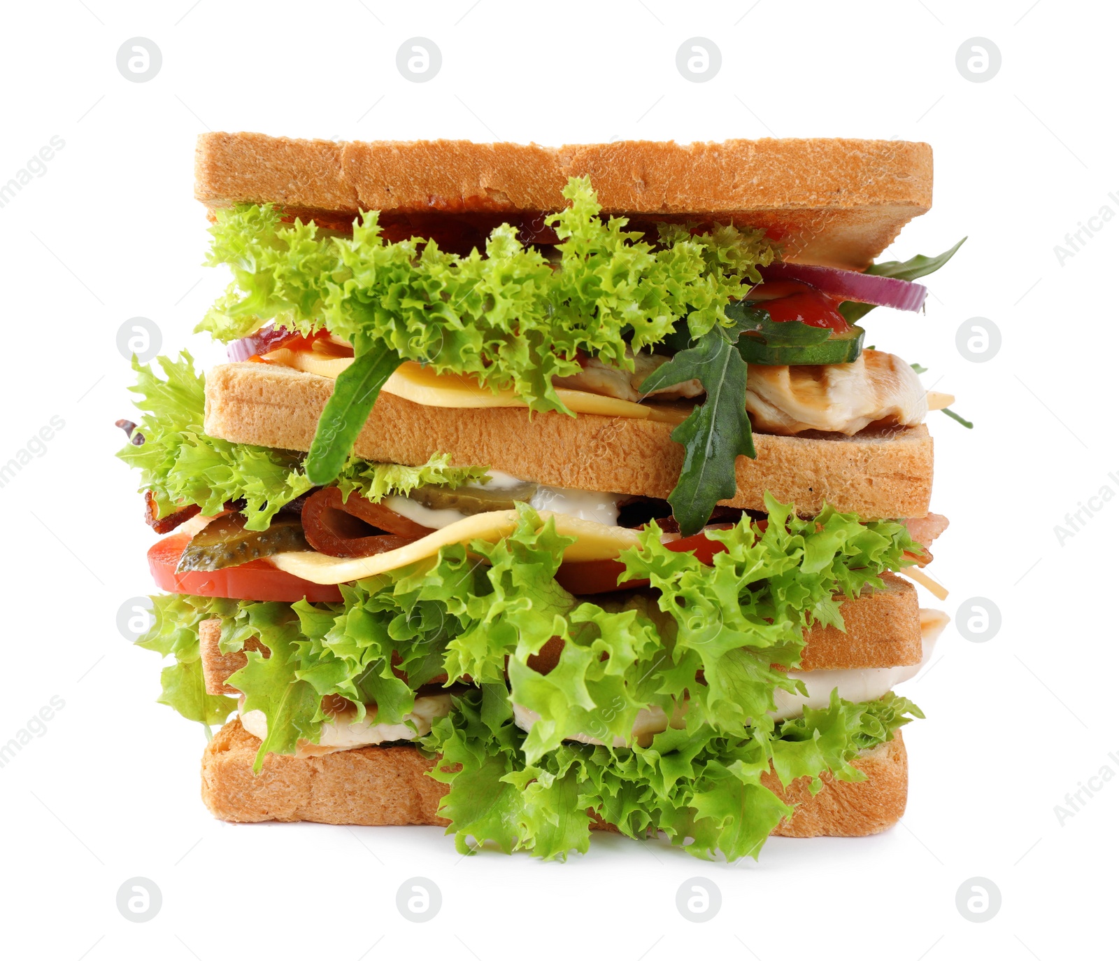 Photo of Yummy sandwich with chicken isolated on white