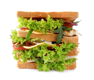 Yummy sandwich with chicken isolated on white