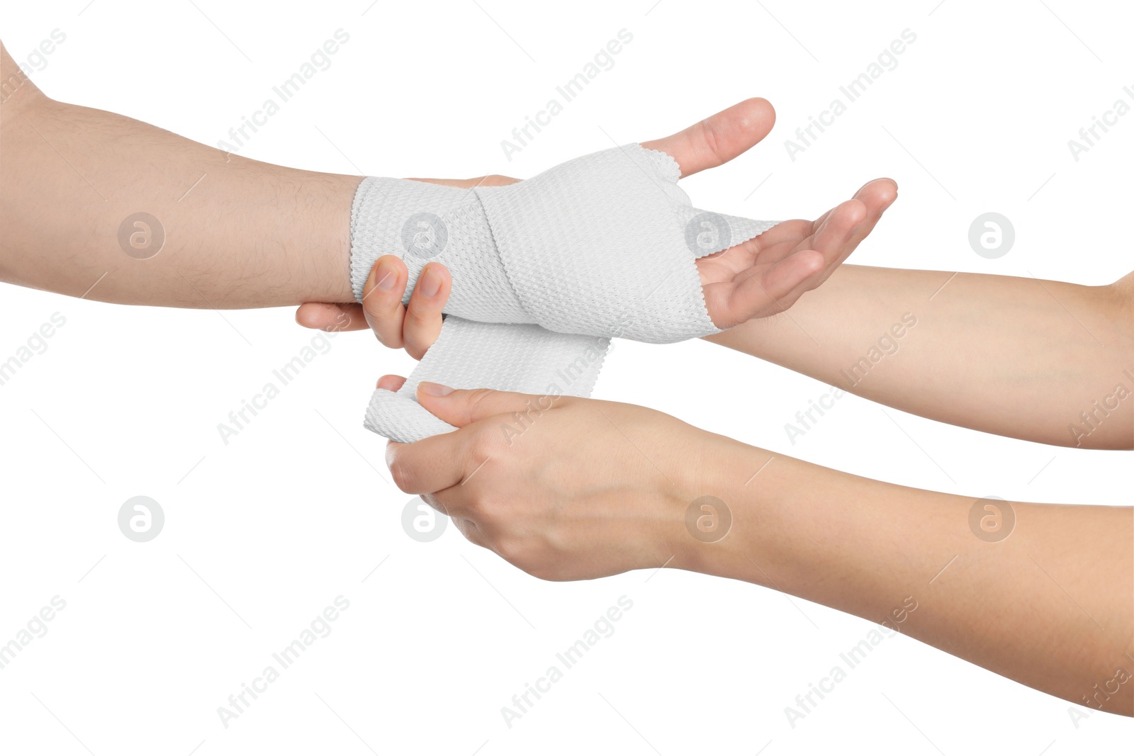 Photo of Doctor applying medical bandage onto patient's hand on white background, closeup