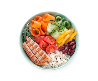 Photo of Tasty rice with beans, meat and vegetables isolated on white, top view