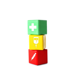 Image of Stack of colorful cubes with icons on white background. Health insurance concept