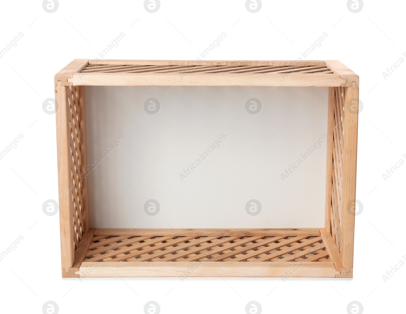 Photo of Empty open wooden crate isolated on white