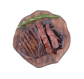 Photo of Delicious grilled beef meat and rosemary isolated on white, top view