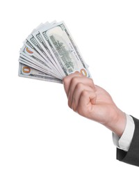 Photo of Money exchange. Man holding dollar banknotes on white background, closeup