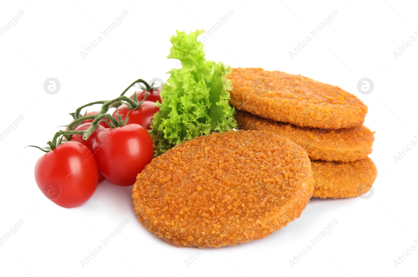 Photo of Delicious fried breaded cutlets with cherry tomatoes and lettuce on white background