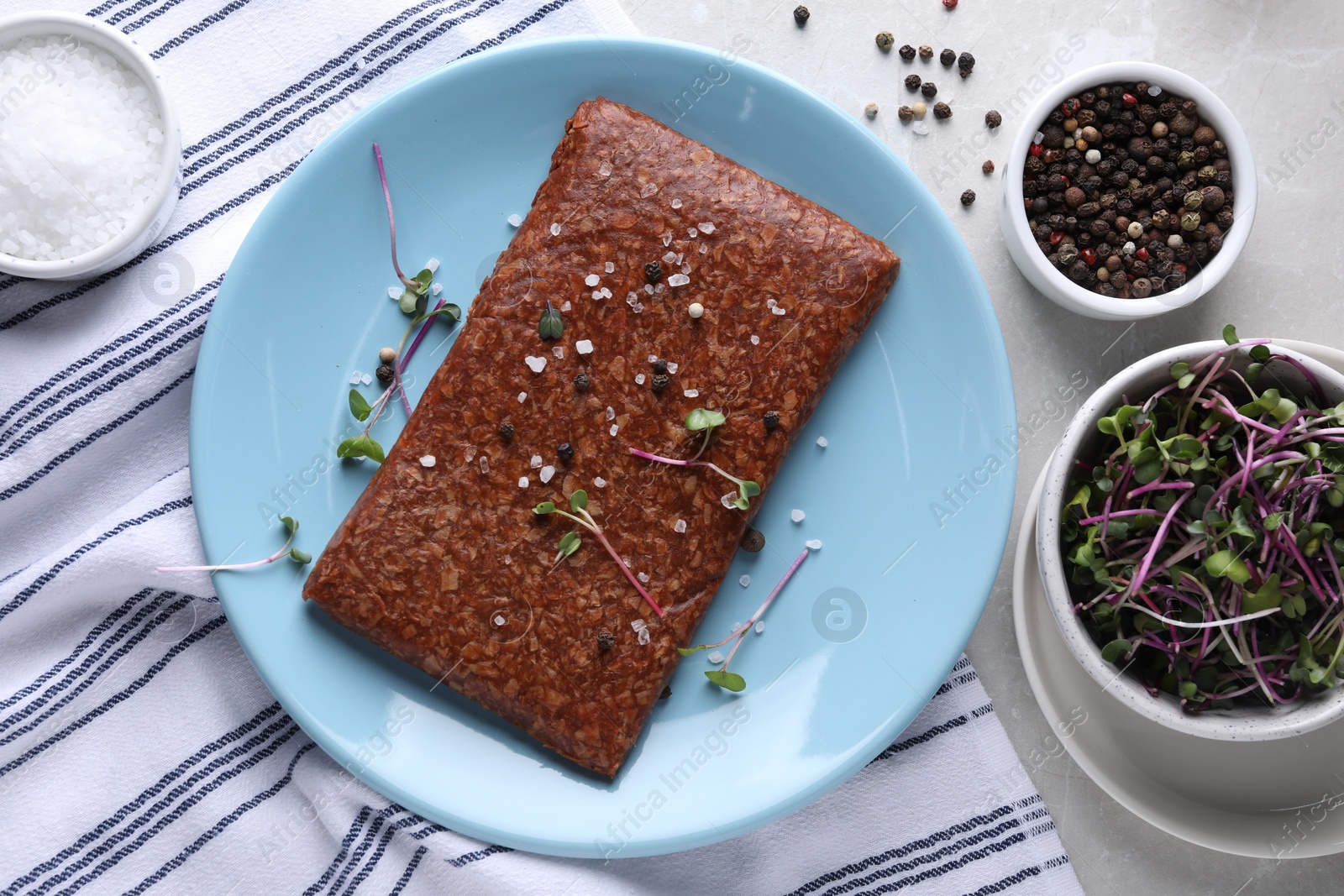 Photo of Fresh raw vegan mince and spices on white table, flat lay