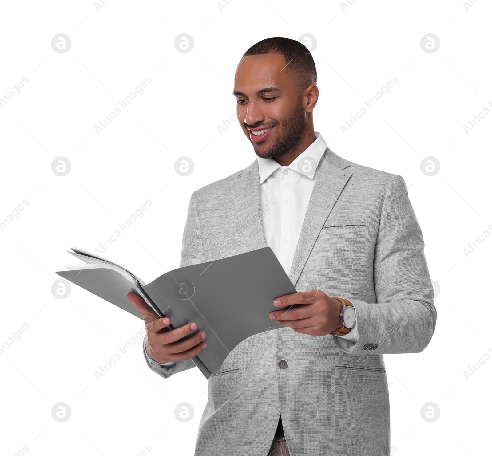 Photo of Portrait of happy man with folders on white background. Lawyer, businessman, accountant or manager