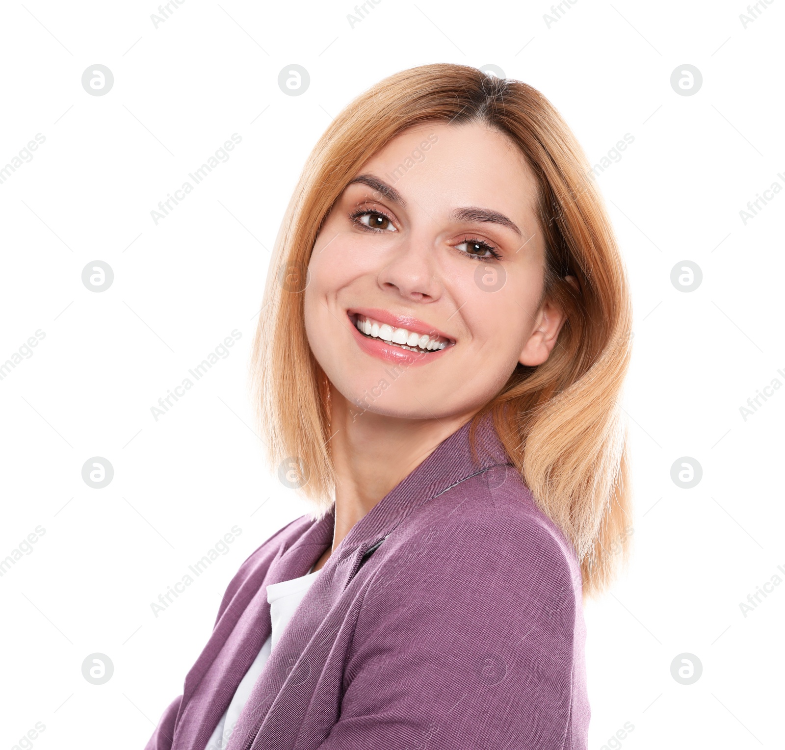 Photo of Portrait of woman with beautiful face on white background