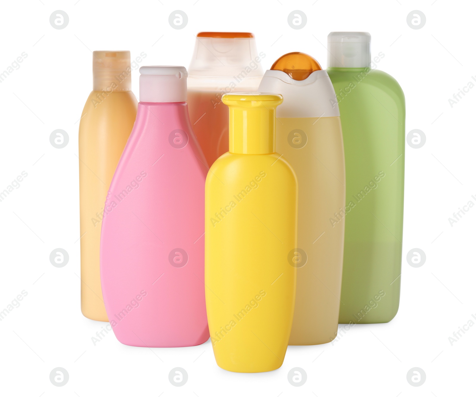 Photo of Many different shower gel bottles on white background