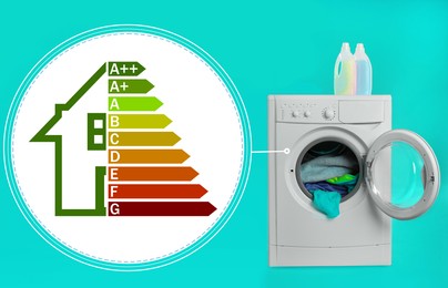 Energy efficiency rating label and washing machine with laundry on turquoise background