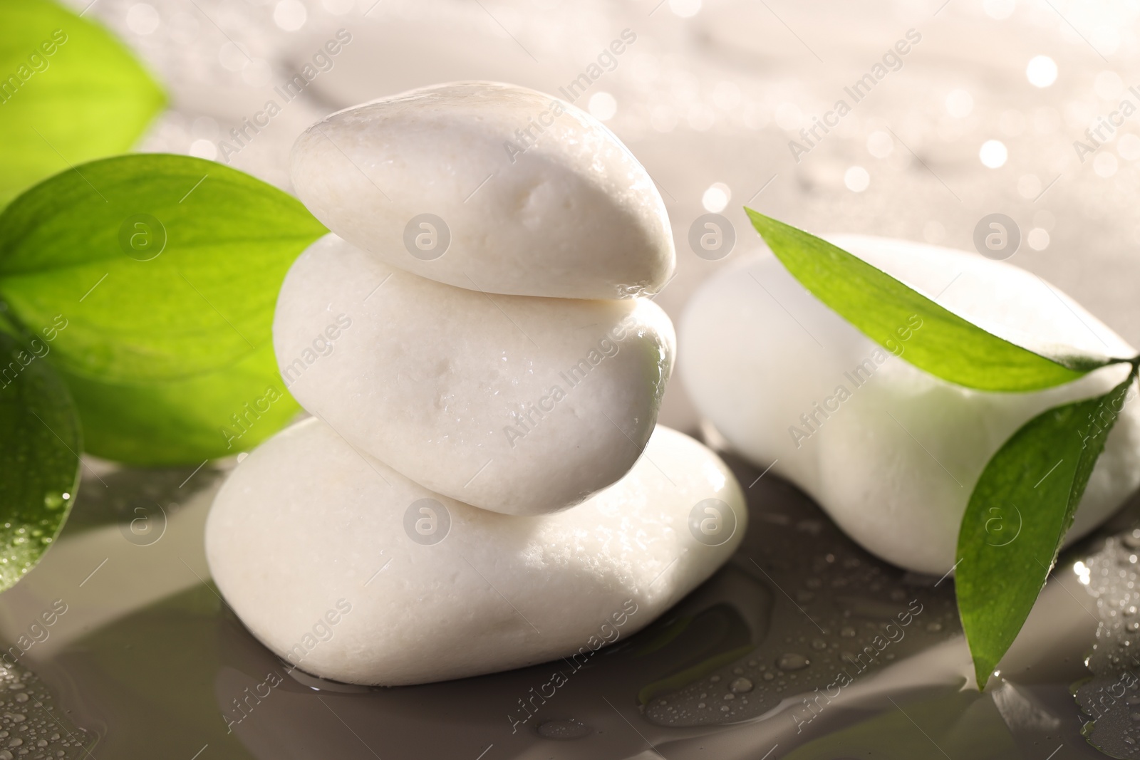 Photo of White spa stones and green leaves in water on grey background