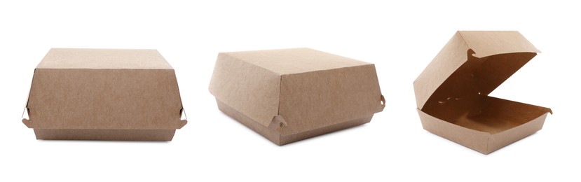 Image of Set with paper boxes on white background, banner design. Container for food