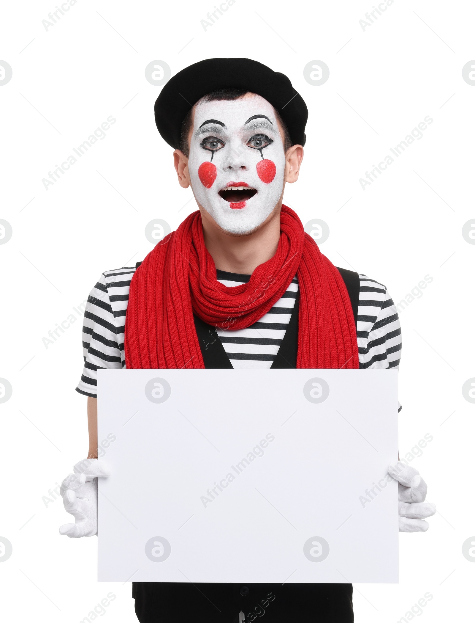 Photo of Funny mime artist with blank sign on white background