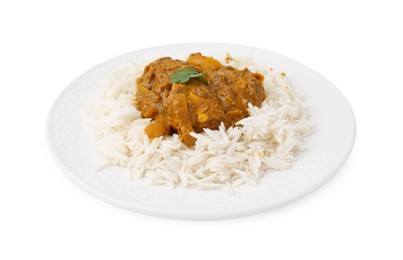 Photo of Delicious chicken curry with rice isolated on white