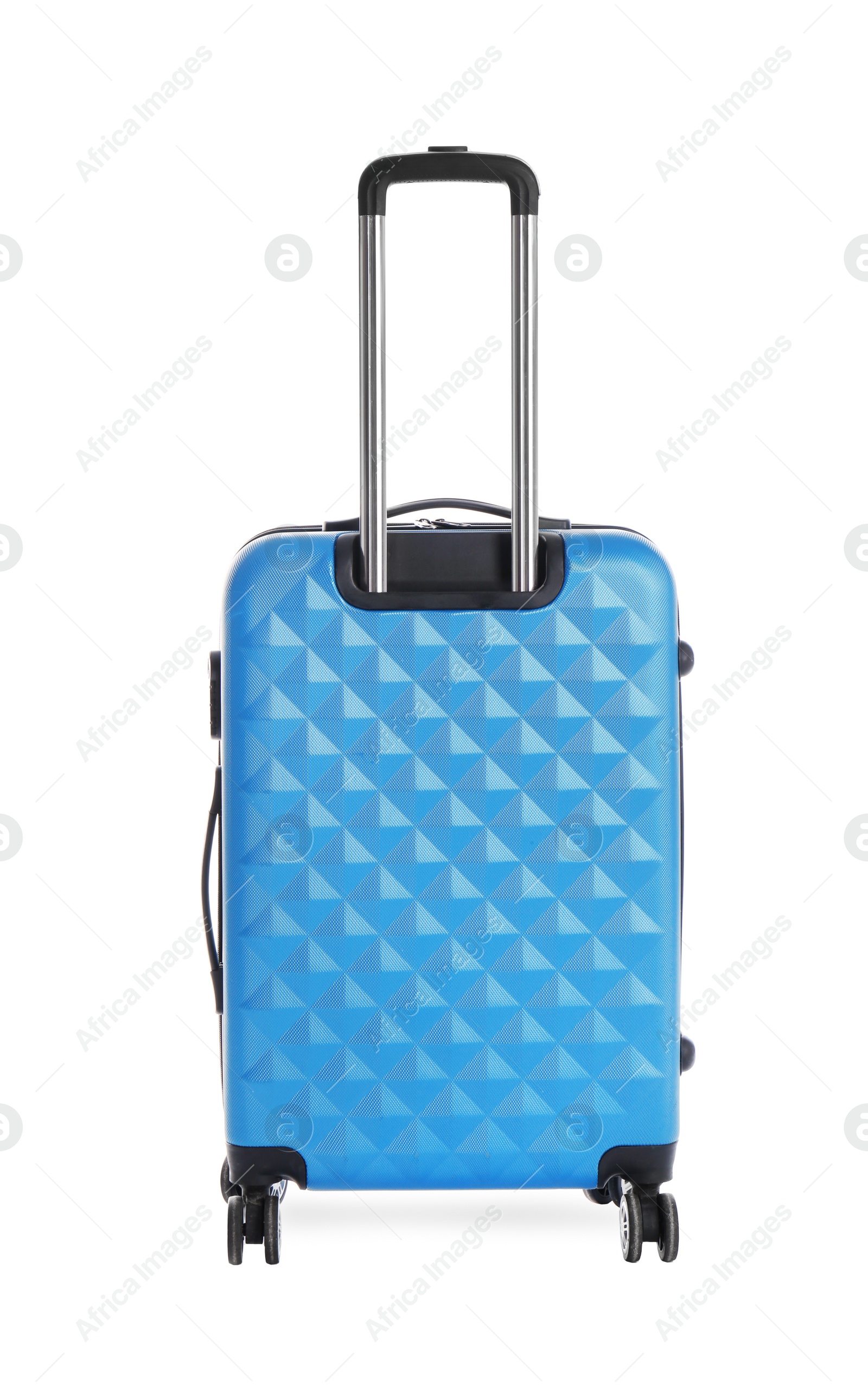 Photo of Blue suitcase for travelling on white background