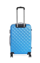 Photo of Blue suitcase for travelling on white background