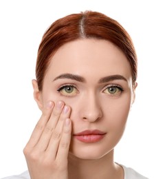 Photo of Woman with yellow eyes on white background. Symptom of hepatitis