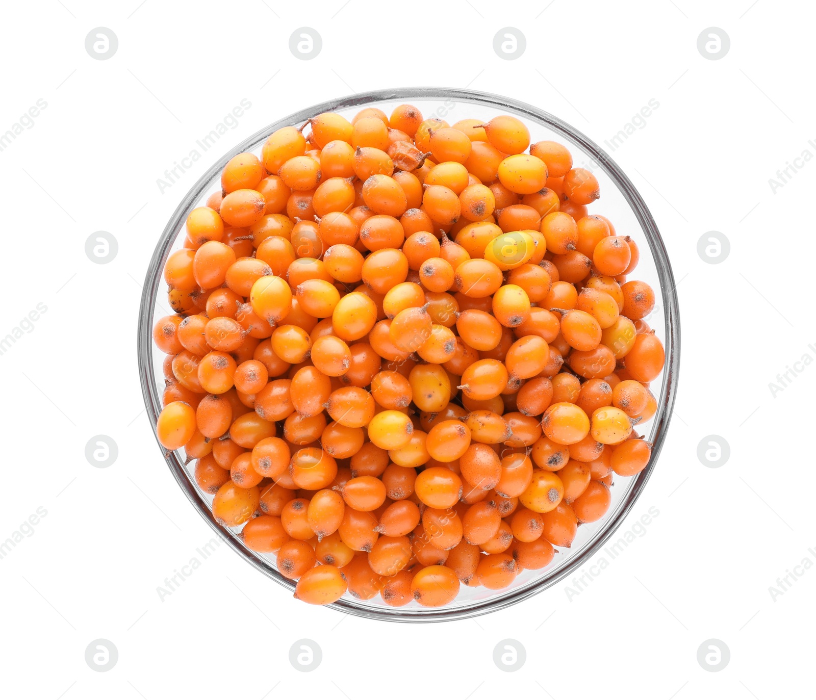 Photo of Fresh ripe sea buckthorn berries in glass bowl isolated on white, top view