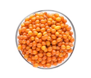 Fresh ripe sea buckthorn berries in glass bowl isolated on white, top view