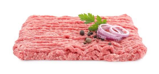 Raw ground meat, onion, peppercorns and parsley isolated on white