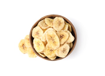 Wooden bowl with sweet banana slices on white background, top view. Dried fruit as healthy snack