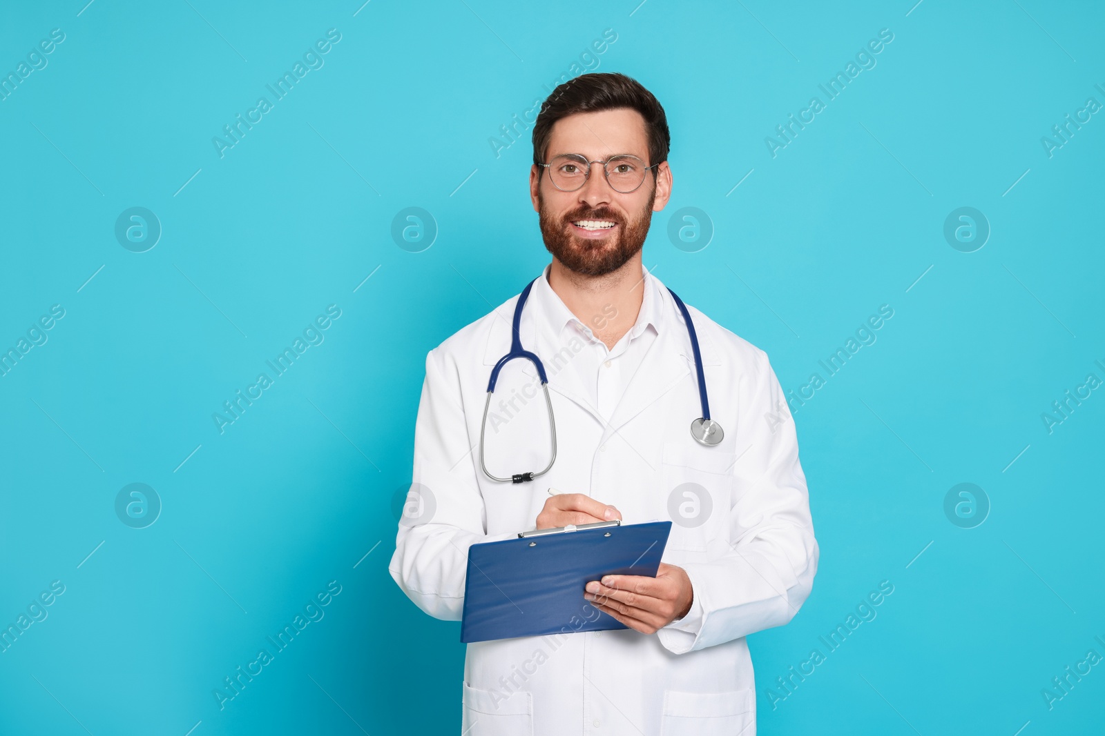 Photo of Doctor with stethoscope and clipboard on light blue background