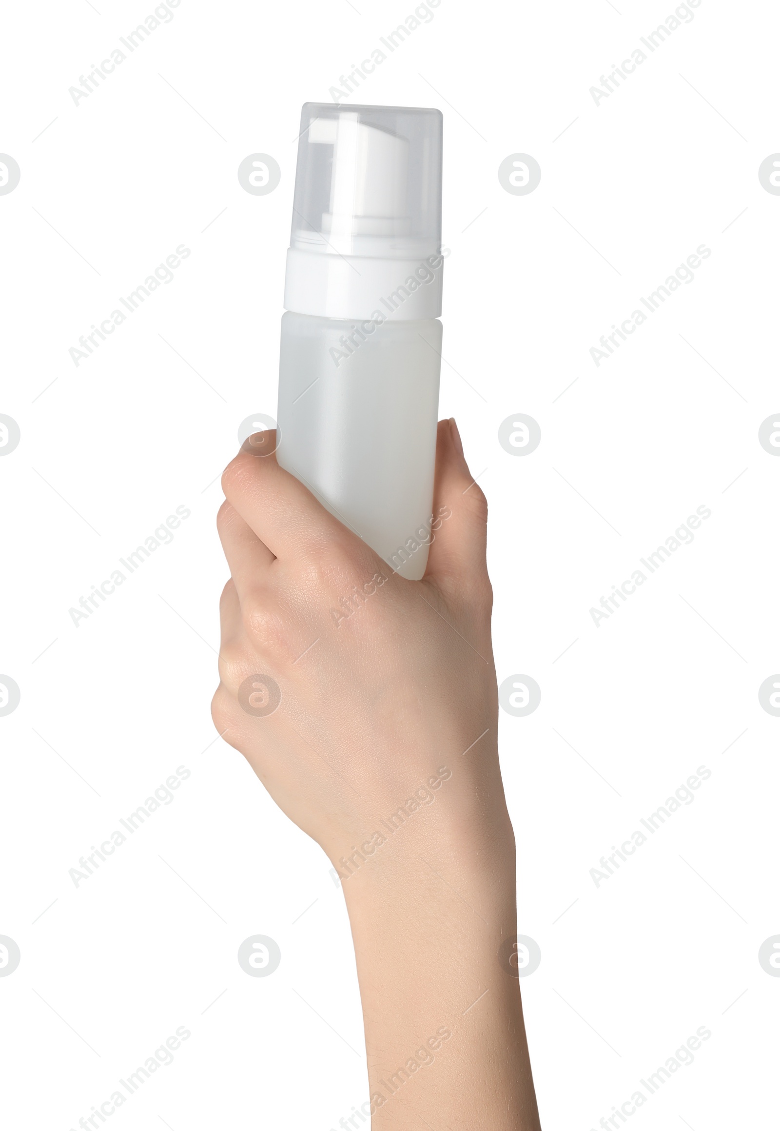 Photo of Woman holding bottle of face cleansing product on white background, closeup