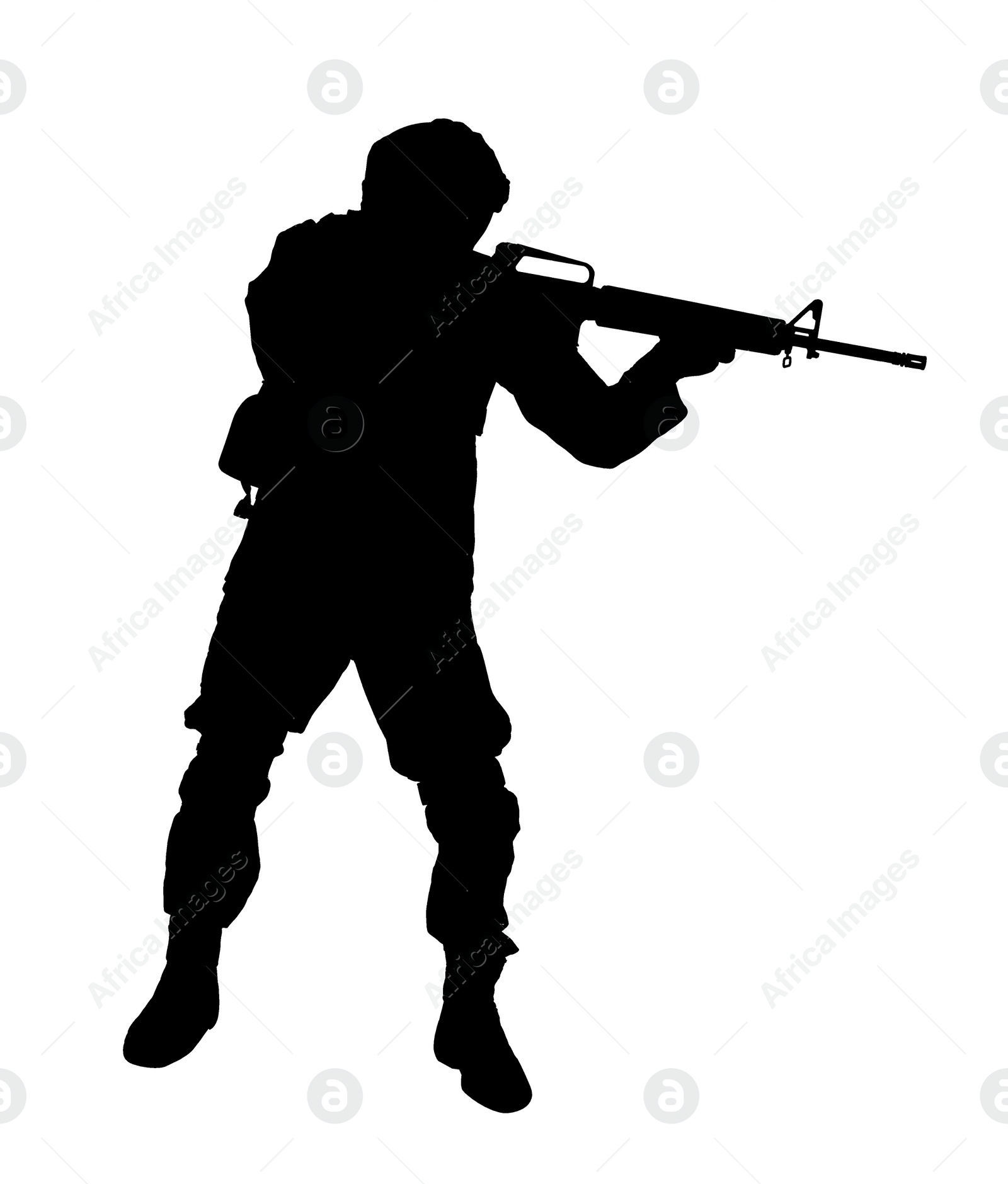 Image of Silhouette of soldier with assault rifle on white background. Military service