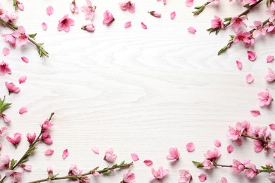 Photo of Frame of beautiful sakura tree blossoms on white wooden background, flat lay. Space for text