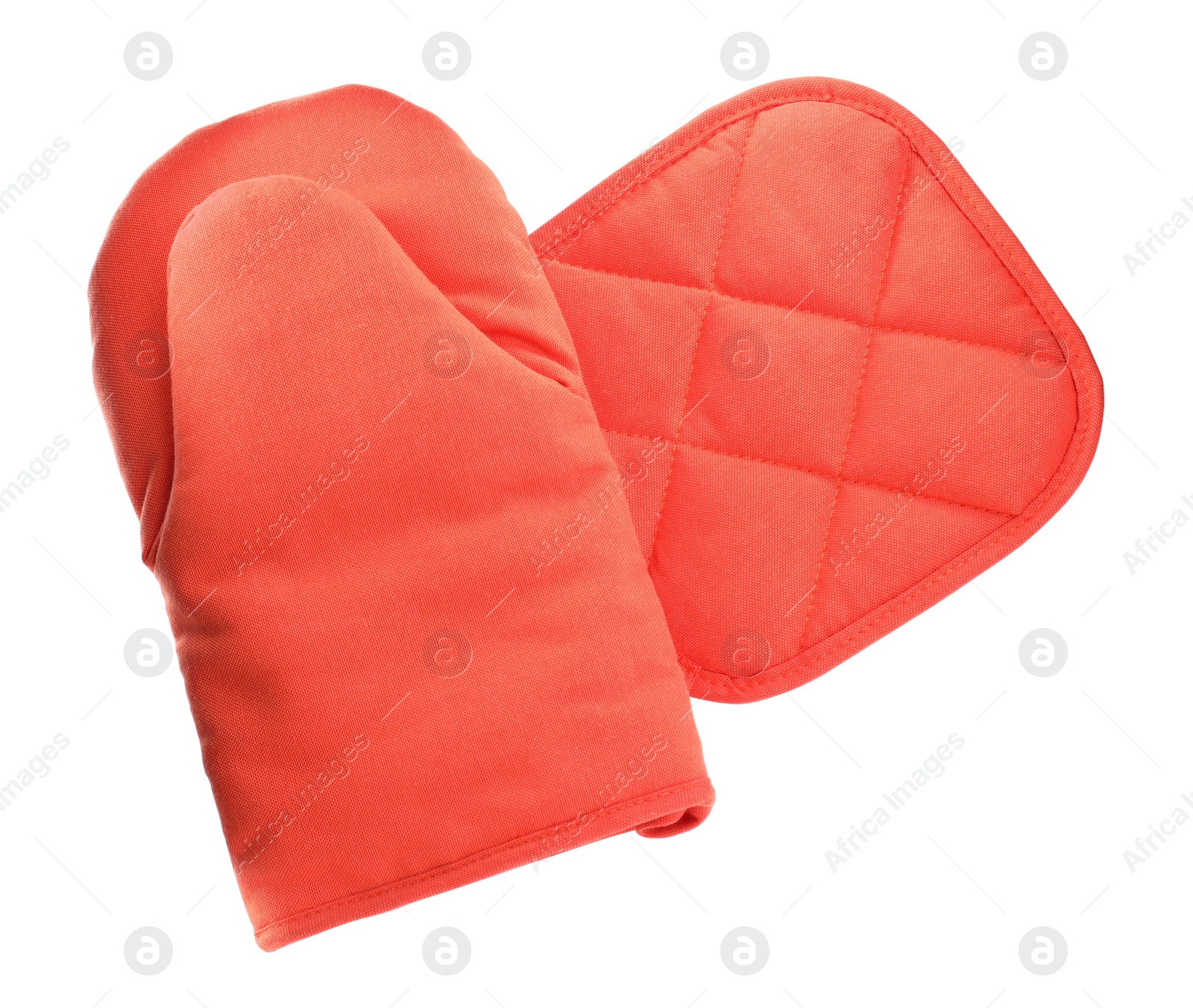 Photo of Oven glove and potholder for hot dishes on white background, top view