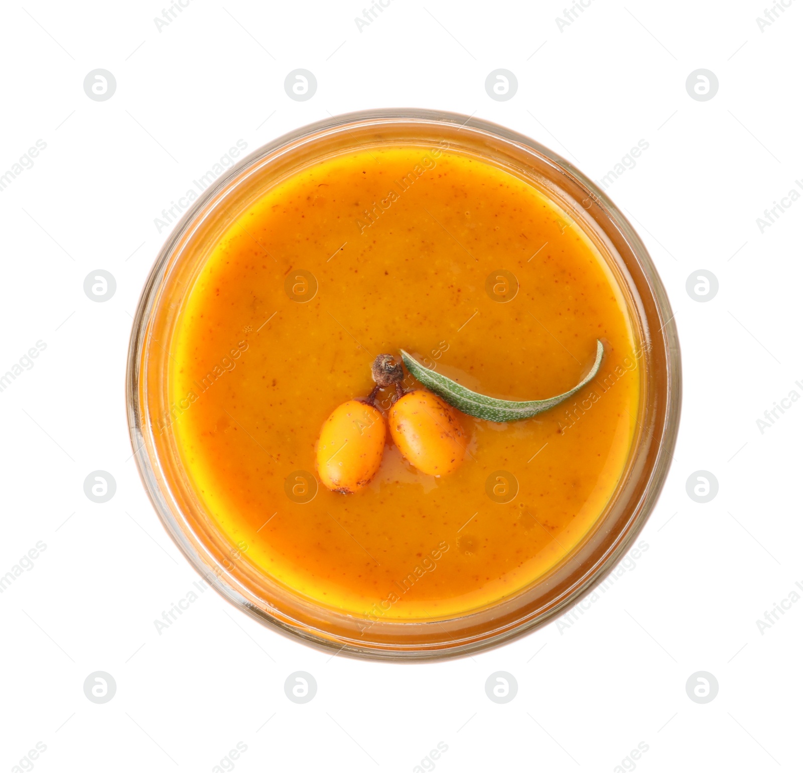 Photo of Delicious sea buckthorn jam in jar isolated on white, top view