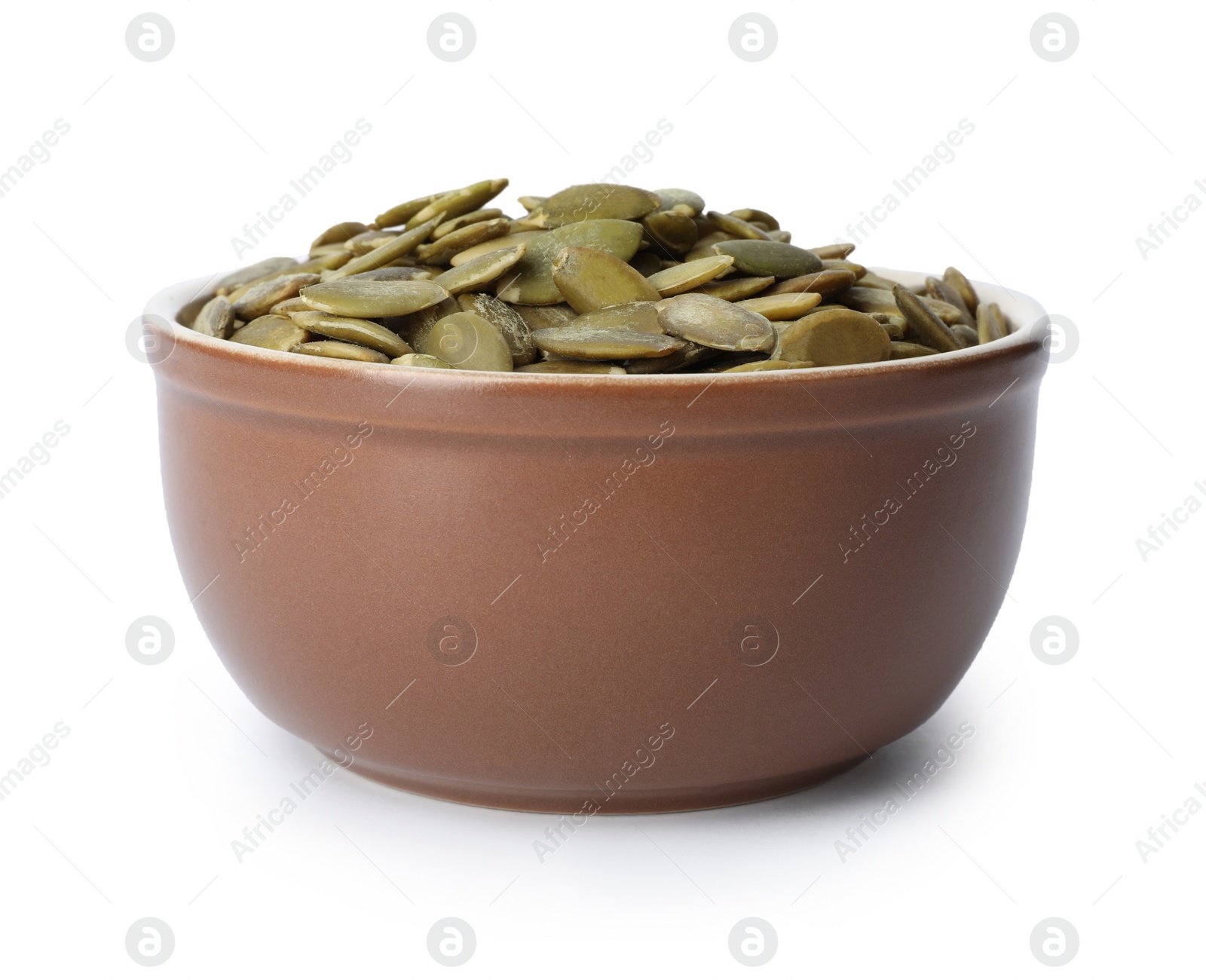 Photo of Shelled raw pumpkin seeds in bowl on white background