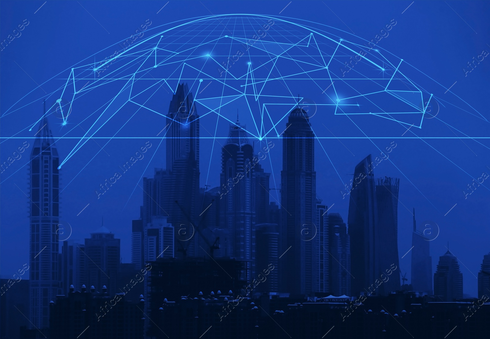 Image of Night cityscape and network connection lines. Cloud technology