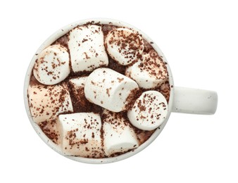 Delicious hot chocolate with marshmallows and cocoa powder isolated on white, top view