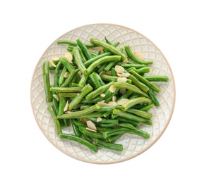 Plate with tasty green beans and almonds on white background