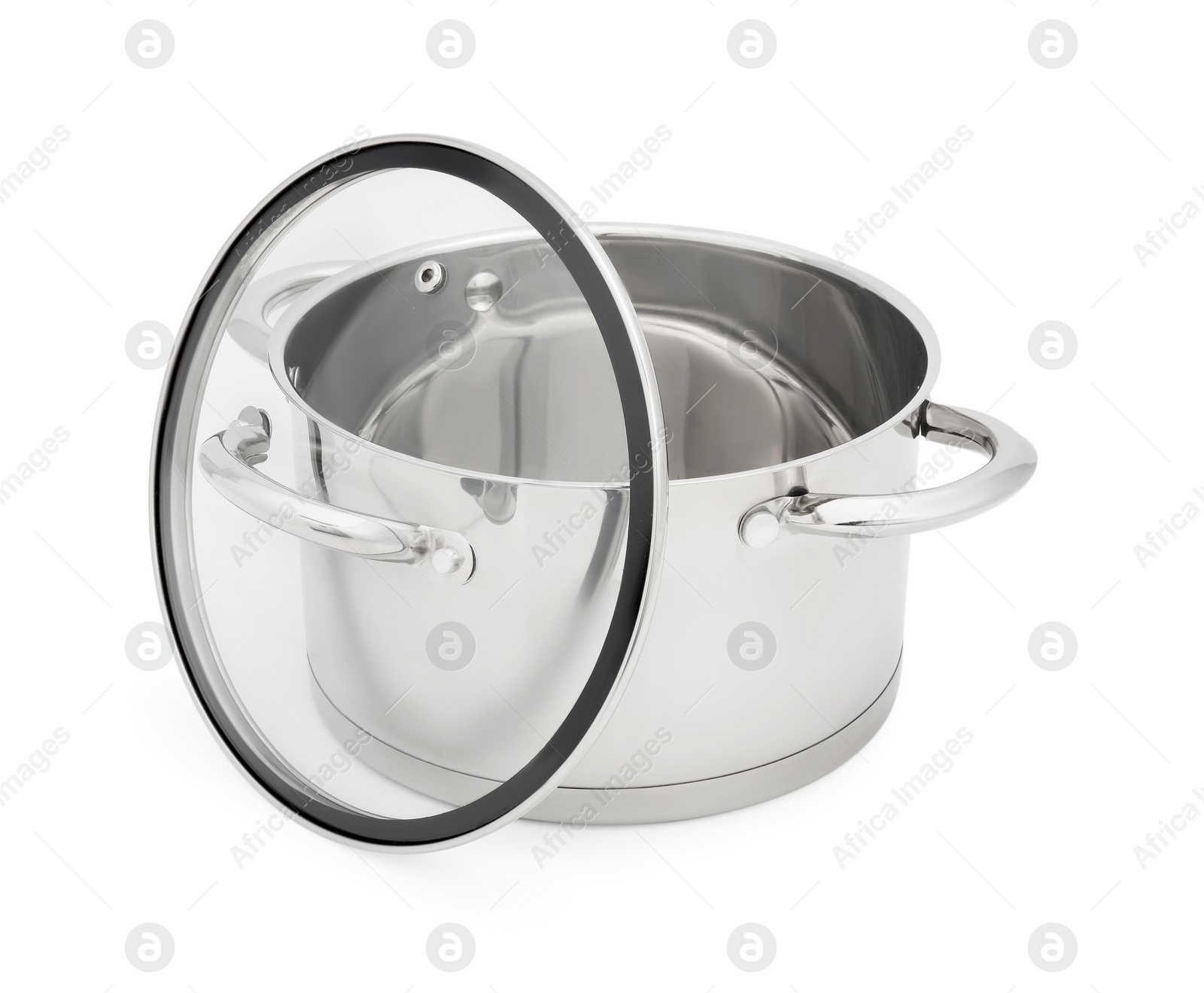 Photo of One steel pot and glass lid isolated on white