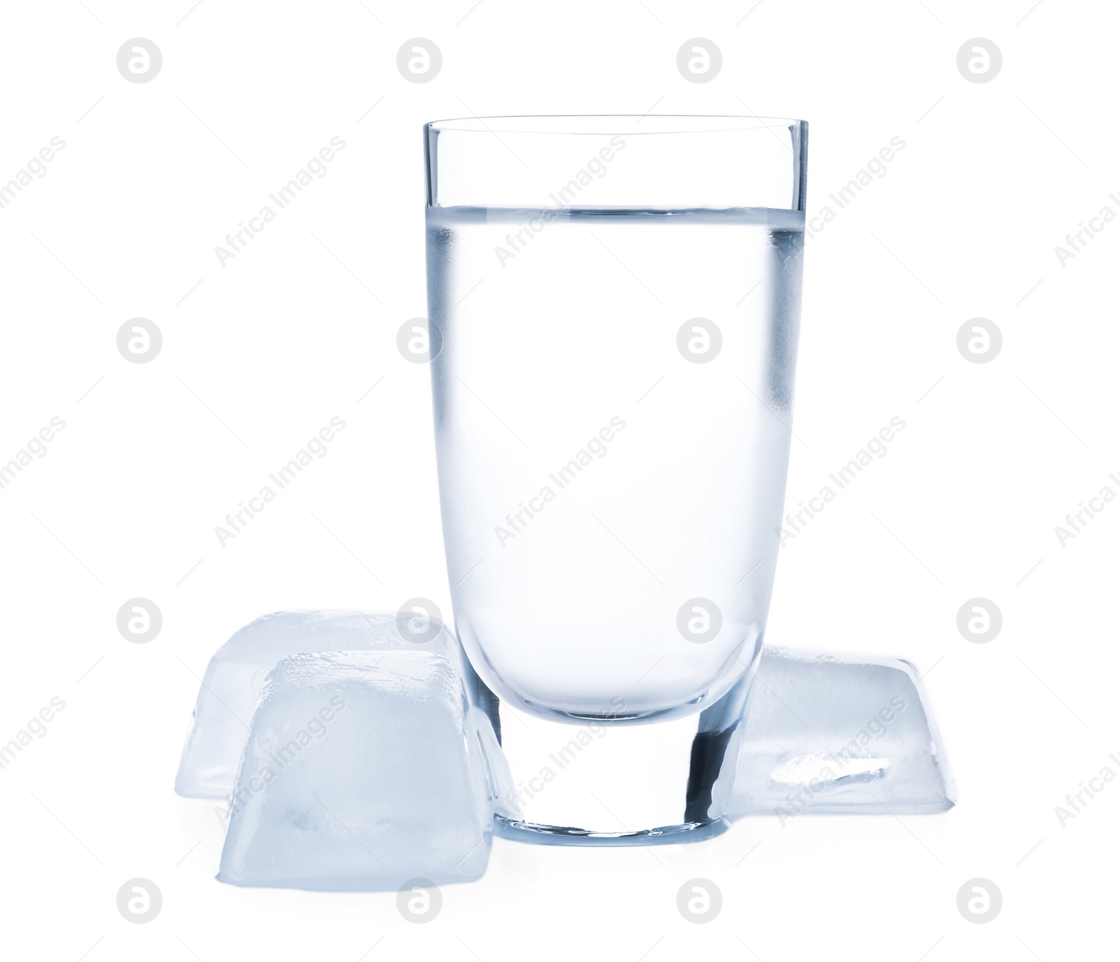 Photo of Vodka in shot glass and ice cubes on white background