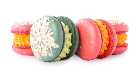 Photo of Beautifully decorated Christmas macarons isolated on white