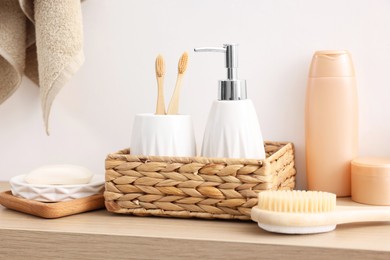 Different bath accessories and personal care products indoors