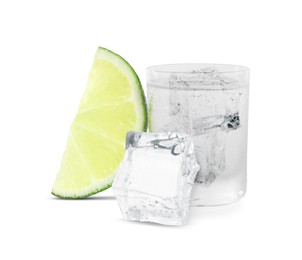 Image of Shot of vodka with ice and lime on white background