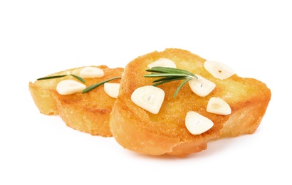 Slices of tasty garlic bread with rosemary isolated on white