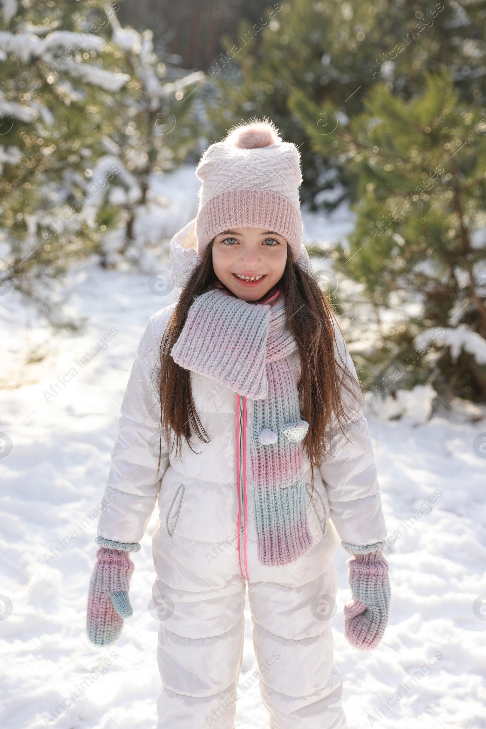 Photo of Cute little girl outdoors on winter day. Christmas vacation