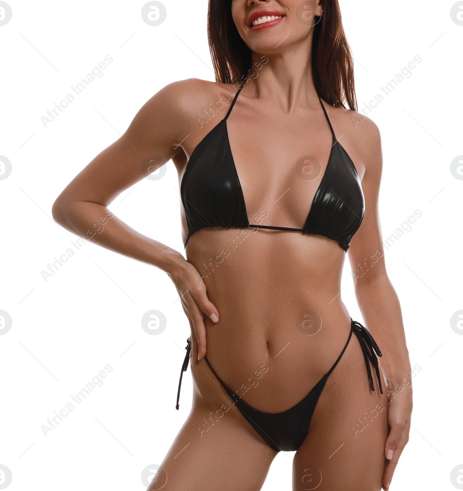 Photo of Woman in stylish bikini on white background, closeup